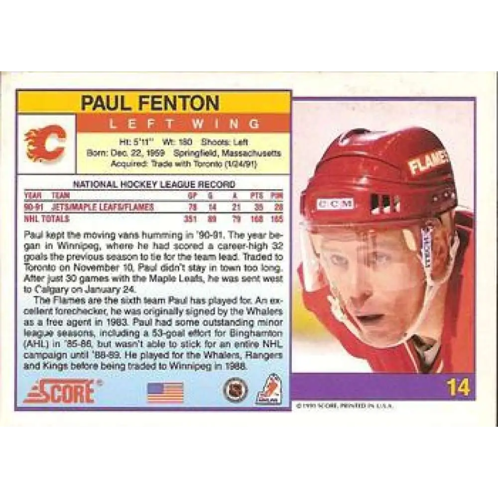 1991-92 Score American #14 Paul Fenton NM-MT Calgary Flames Hockey Card  Image 2