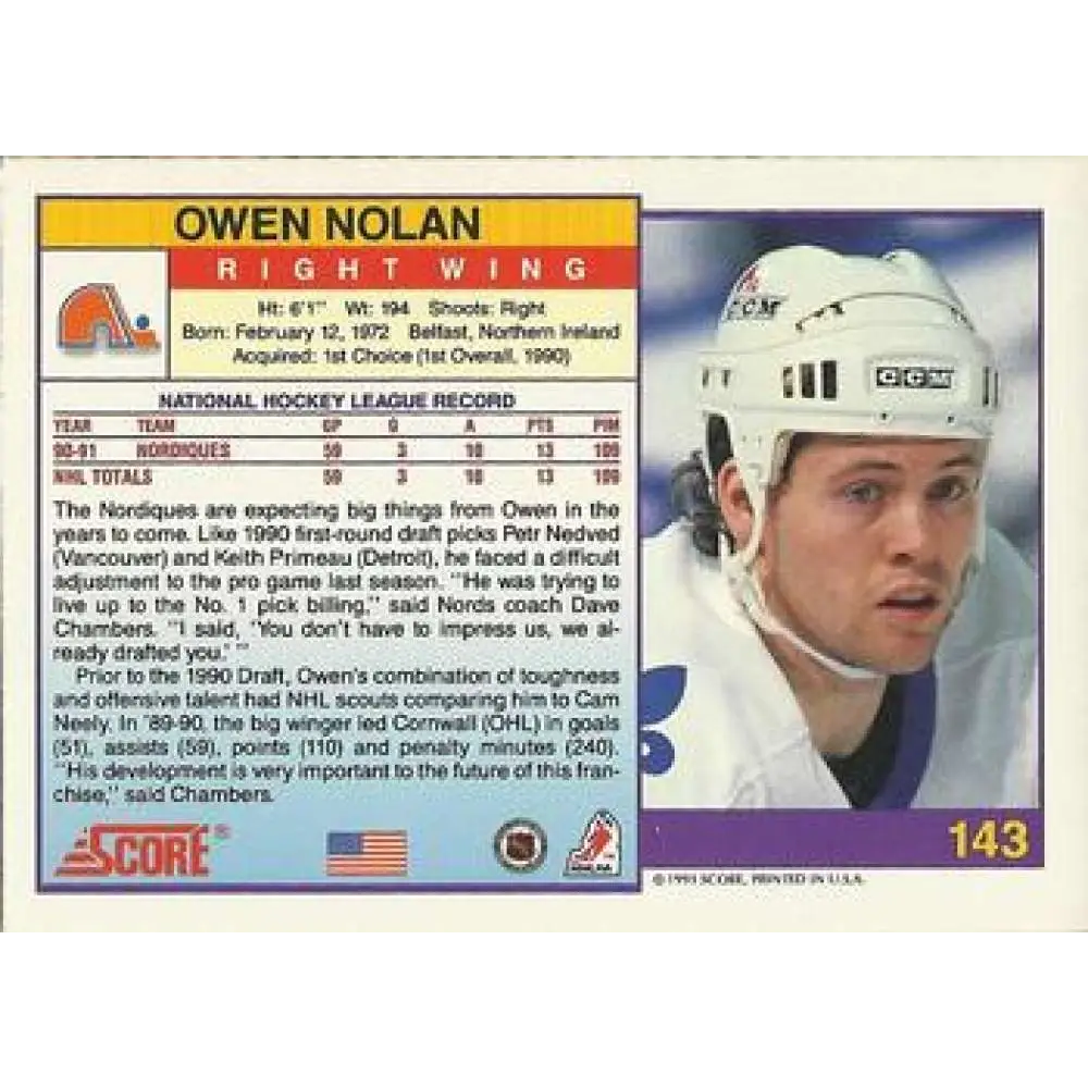 1991-92 Score American #143 Owen Nolan NM-MT Quebec Nordiques Hockey Card  Image 2