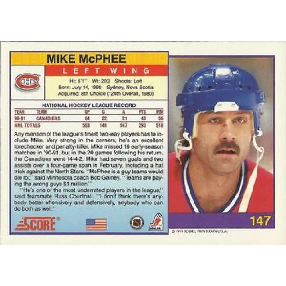 1991-92 Score American #147 Mike McPhee NM-MT Montreal Canadiens Hockey Card  Image 2
