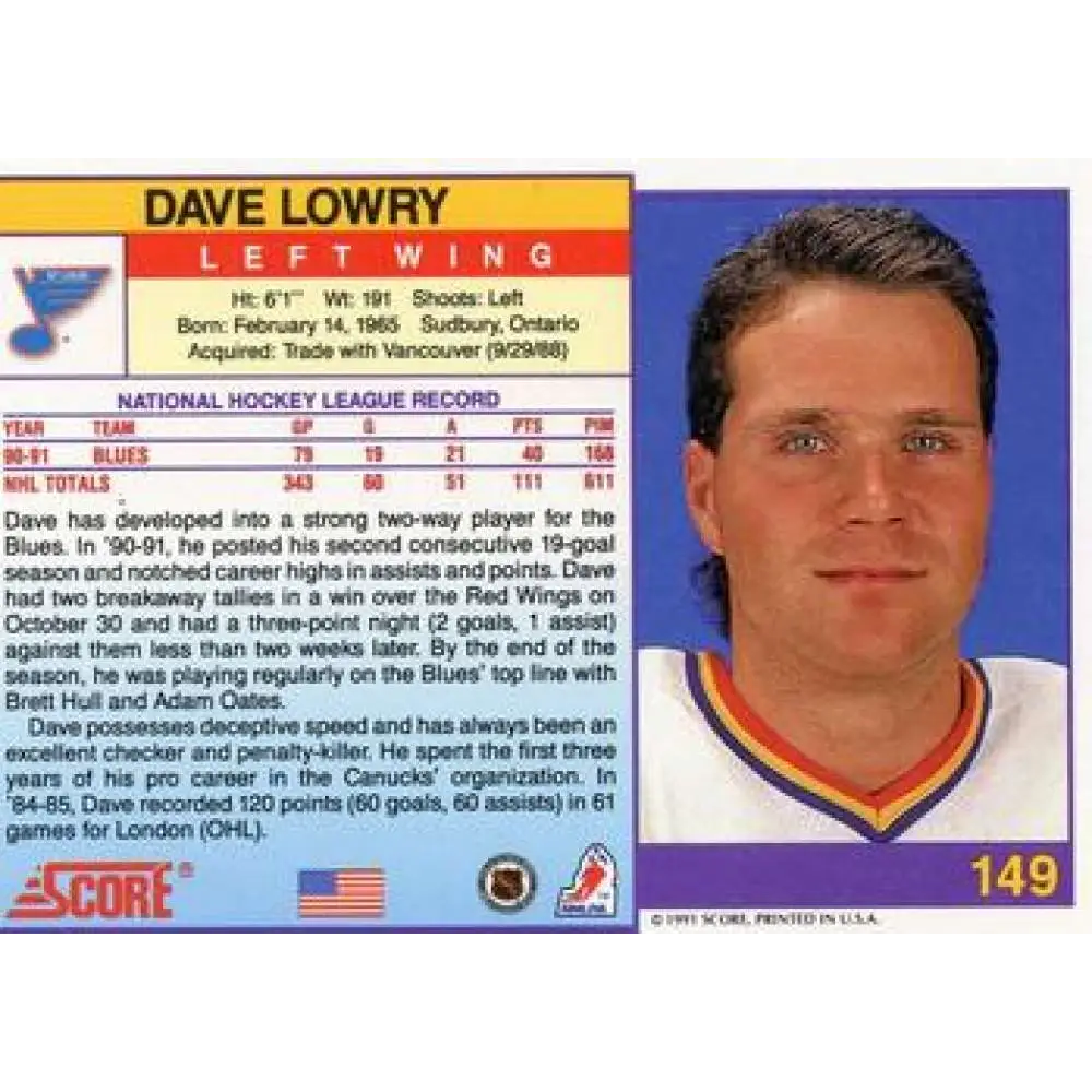 1991-92 Score American #149 Dave Lowry NM-MT St. Louis Blues Hockey Card  Image 2