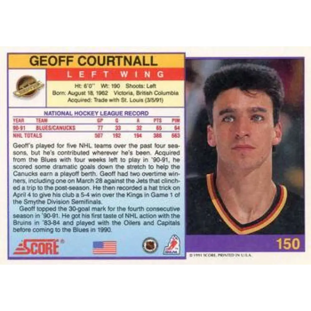 1991-92 Score American #150 Geoff Courtnall NM-MT Vancouver Canucks Hockey Card  Image 2