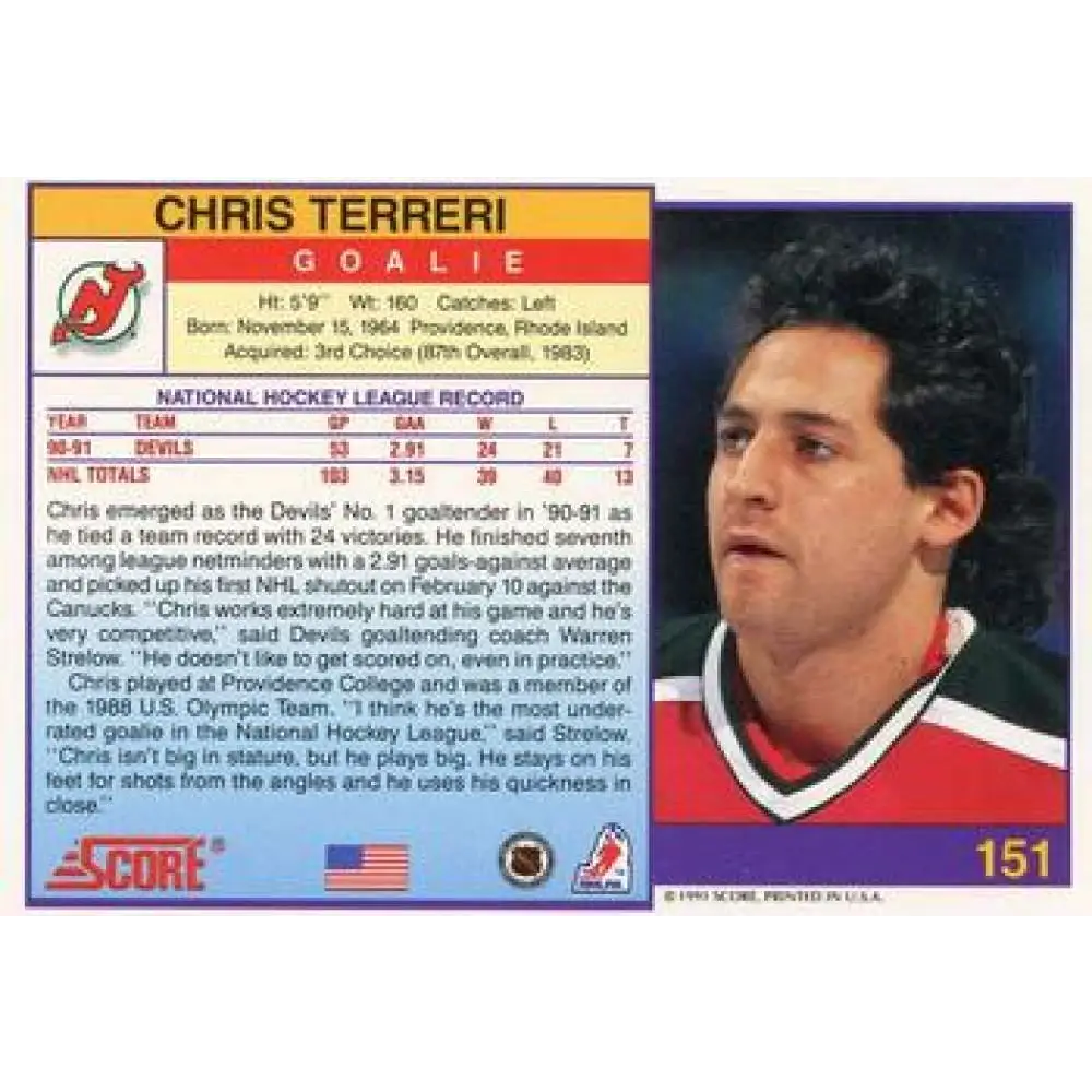 1991-92 Score American #151 Chris Terreri NM-MT New Jersey Devils Hockey Card  Image 2