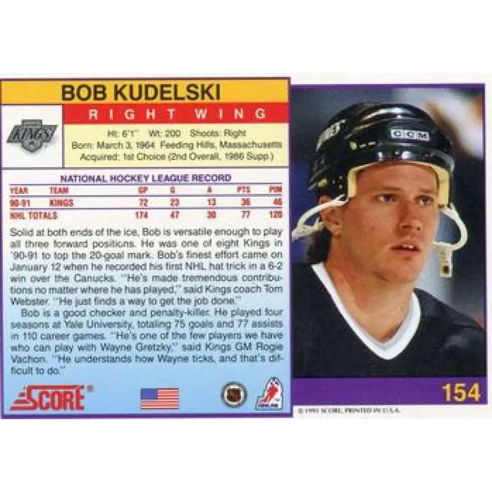 1991-92 Score American #154 Bob Kudelski NM-MT Los Angeles Kings Hockey Card  Image 2