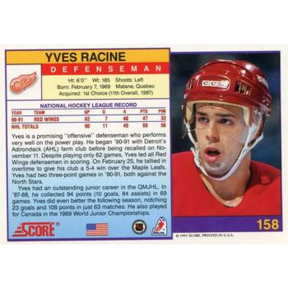 1991-92 Score American #158 Yves Racine NM-MT Detroit Red Wings Hockey Card  Image 2