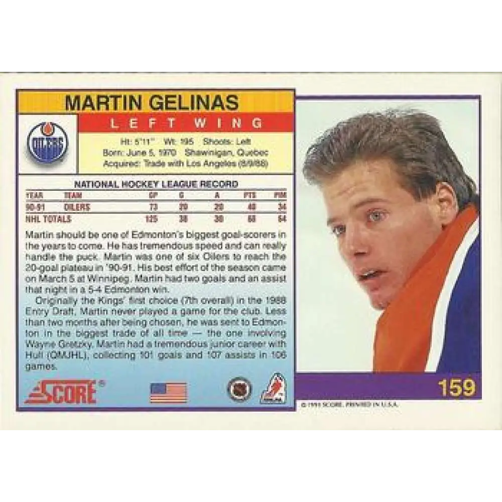 1991-92 Score American #159 Martin Gelinas NM-MT Edmonton Oilers Hockey Card  Image 2