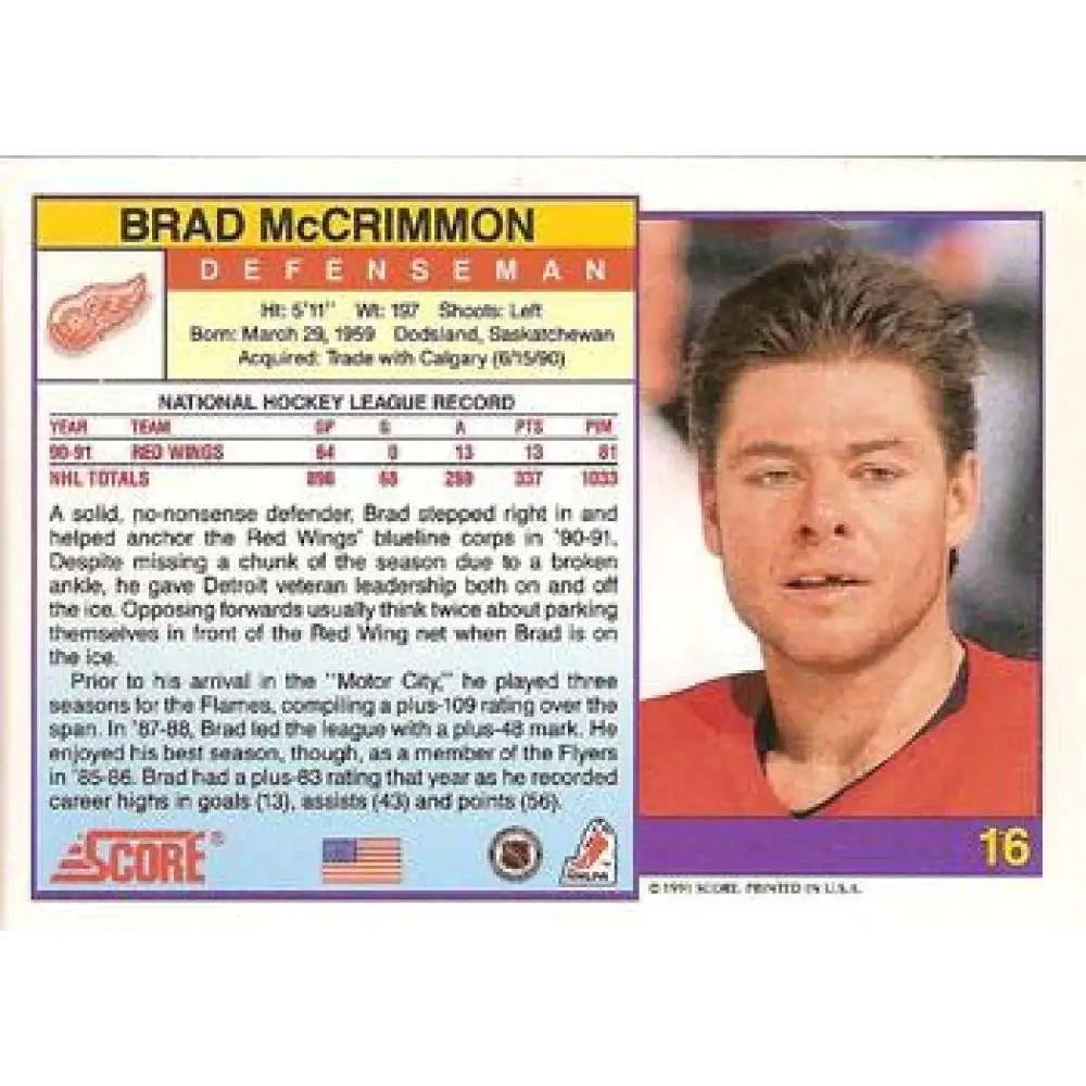 1991-92 Score American #16 Brad McCrimmon NM-MT Detroit Red Wings Hockey Card  Image 2