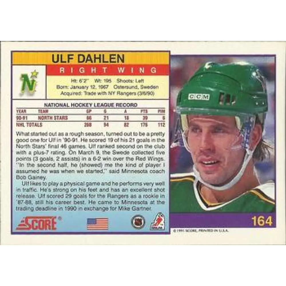 1991-92 Score American #164 Ulf Dahlen NM-MT Minnesota North Stars Hockey Card  Image 2