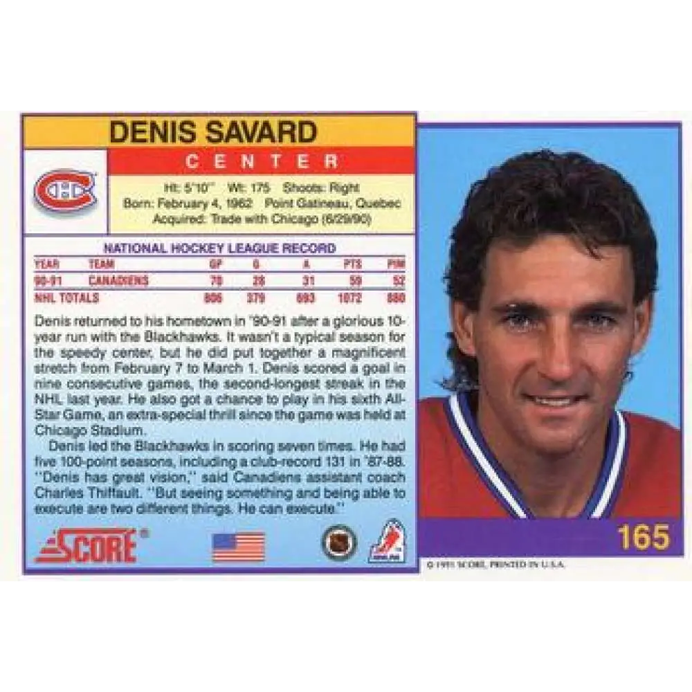1991-92 Score American #165 Denis Savard NM-MT Montreal Canadiens Hockey Card  Image 2