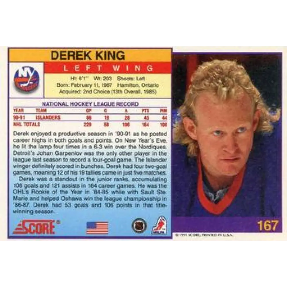 1991-92 Score American #167 Derek King NM-MT New York Islanders Hockey Card  Image 2