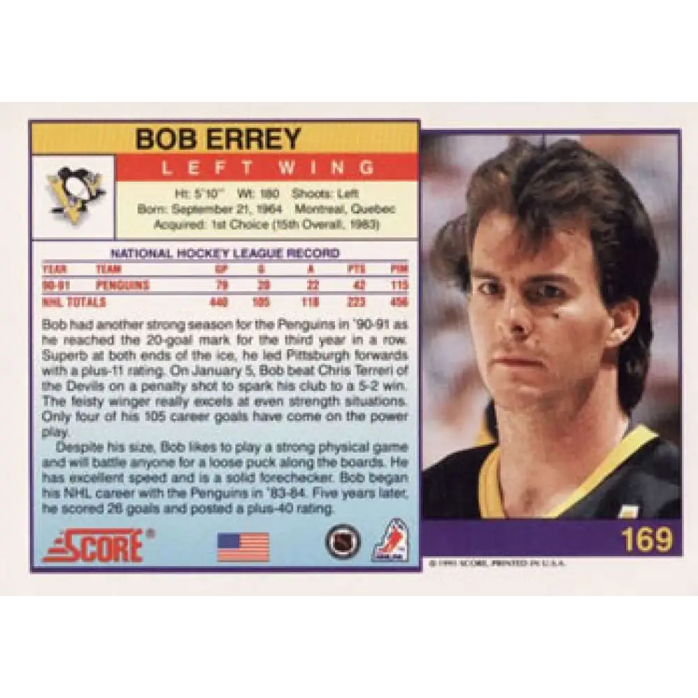1991-92 Score American #169 Bob Errey NM-MT Pittsburgh Penguins Hockey Card  Image 2