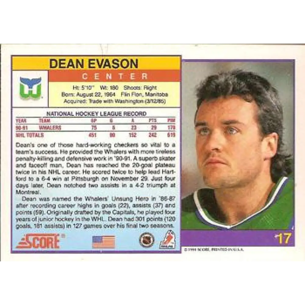 1991-92 Score American #17 Dean Evason NM-MT Hartford Whalers Hockey Card  Image 2