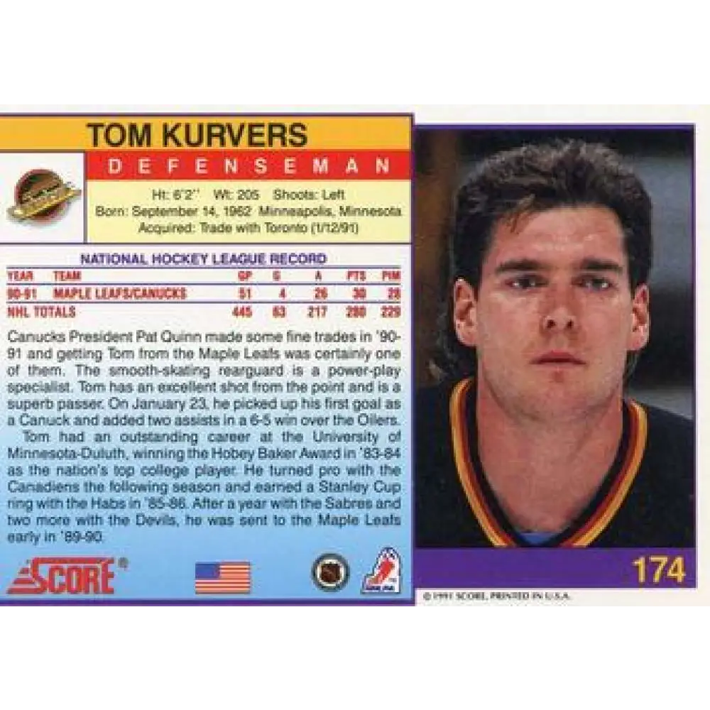 1991-92 Score American #174 Tom Kurvers NM-MT Vancouver Canucks Hockey Card  Image 2