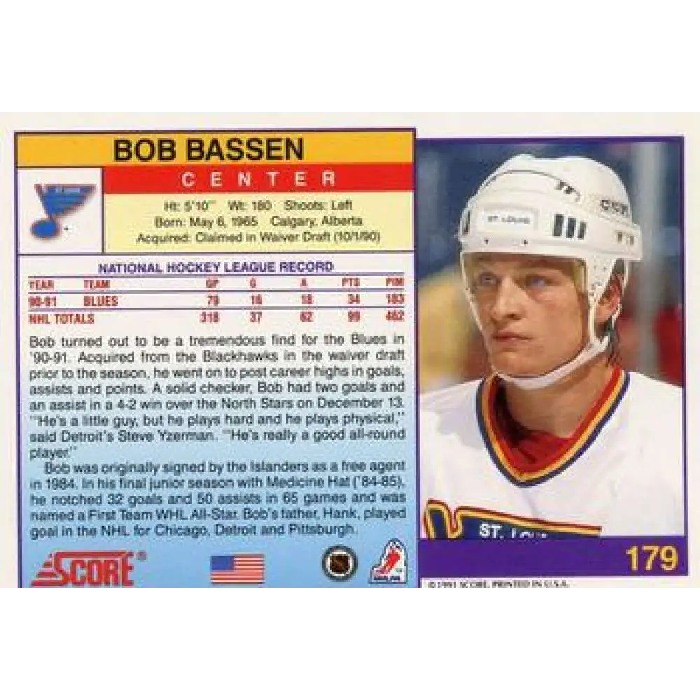 1991-92 Score American #179 Bob Bassen NM-MT St. Louis Blues Hockey Card  Image 2