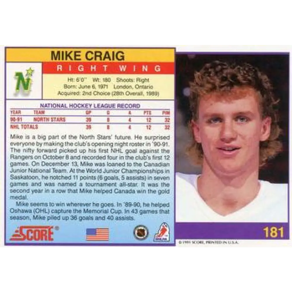 1991-92 Score American #181 Mike Craig NM-MT Minnesota North Stars Hockey Card  Image 2