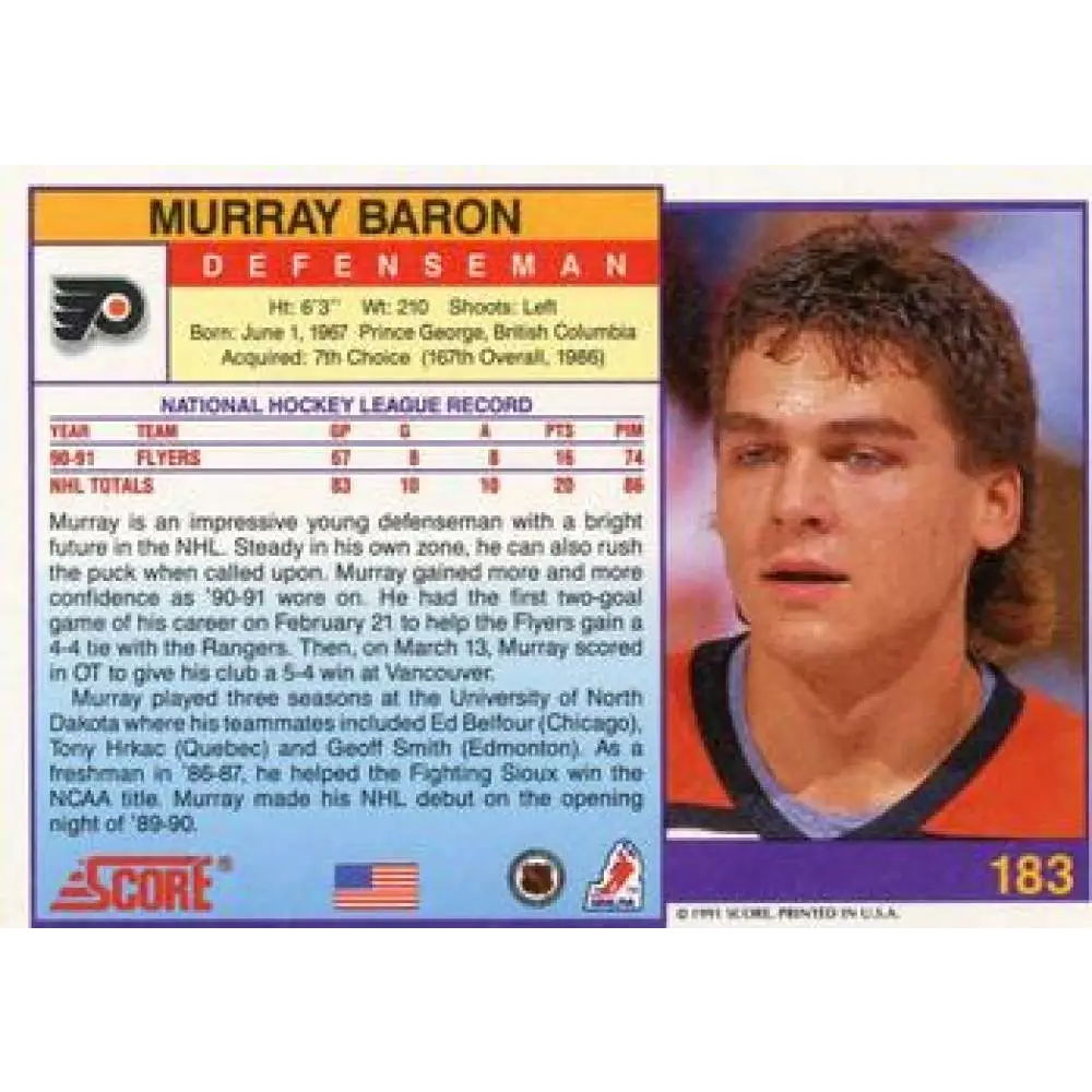 1991-92 Score American #183 Murray Baron NM-MT Philadelphia Flyers Hockey Card  Image 2