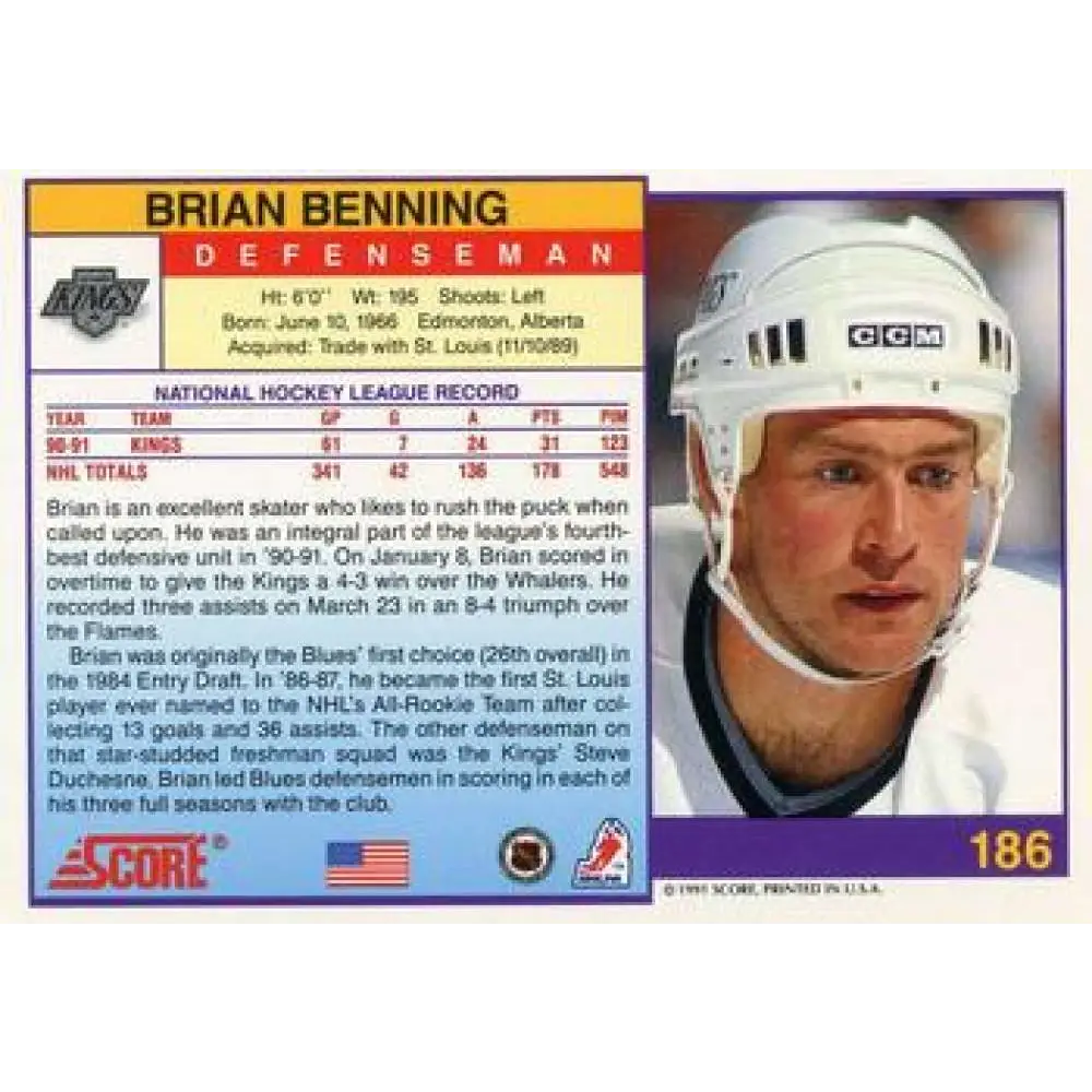 1991-92 Score American #186 Brian Benning NM-MT Los Angeles Kings Hockey Card  Image 2