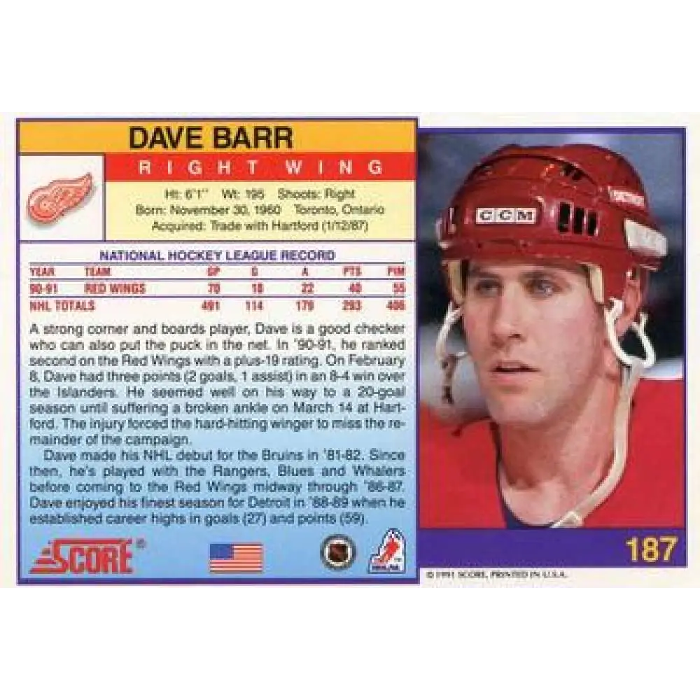 1991-92 Score American #187 Dave Barr NM-MT Detroit Red Wings Hockey Card  Image 2