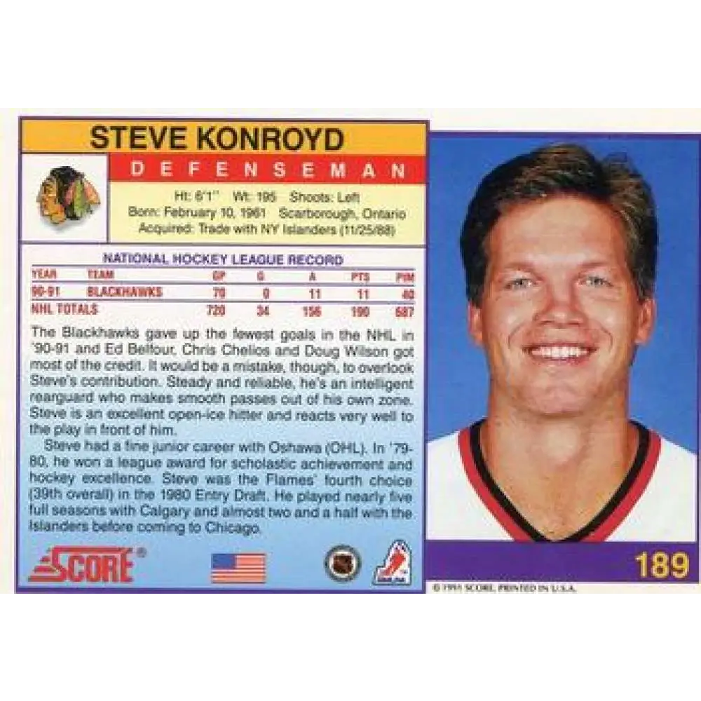 1991-92 Score American #189 Steve Konroyd NM-MT Chicago Blackhawks Hockey Card  Image 2