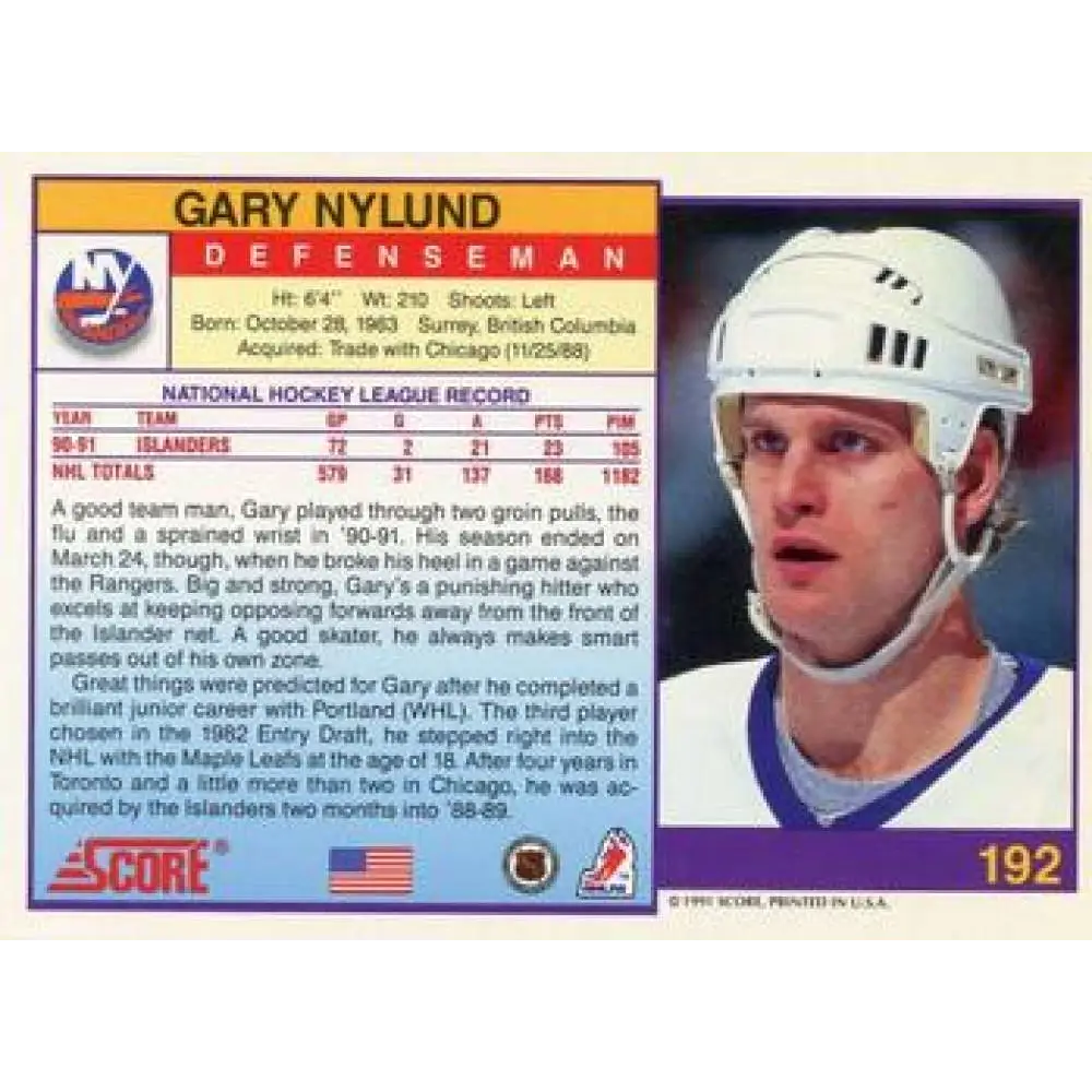 1991-92 Score American #192 Gary Nylund NM-MT New York Islanders Hockey Card  Image 2