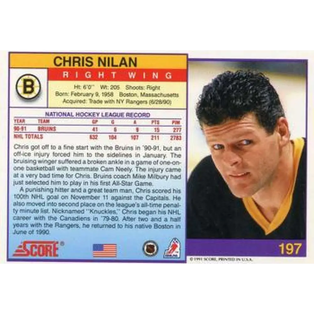 1991-92 Score American #197 Chris Nilan NM-MT Boston Bruins Hockey Card  Image 2
