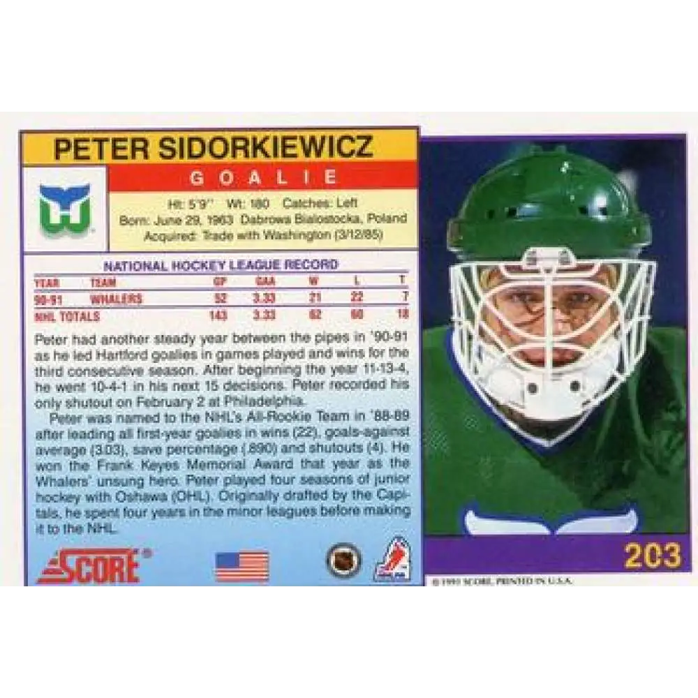 1991-92 Score American #203 Peter Sidorkiewicz NM-MT Hartford Whalers Hockey Card  Image 2