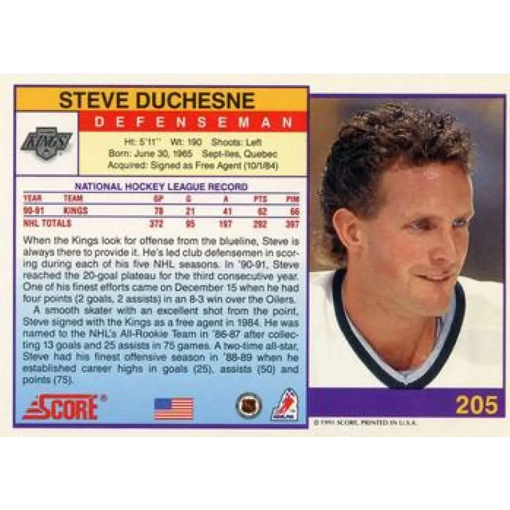 1991-92 Score American #205 Steve Duchesne NM-MT Los Angeles Kings Hockey Card  Image 2