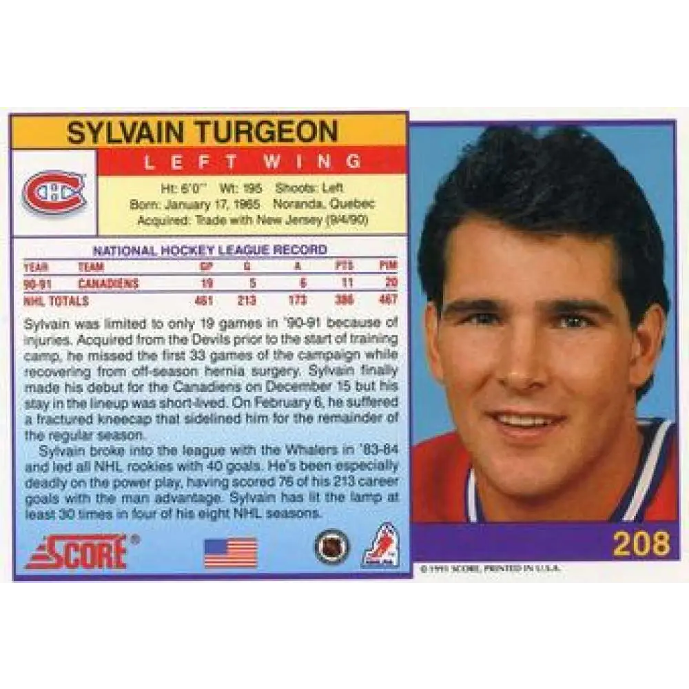 1991-92 Score American #208 Sylvain Turgeon NM-MT Montreal Canadiens Hockey Card  Image 2