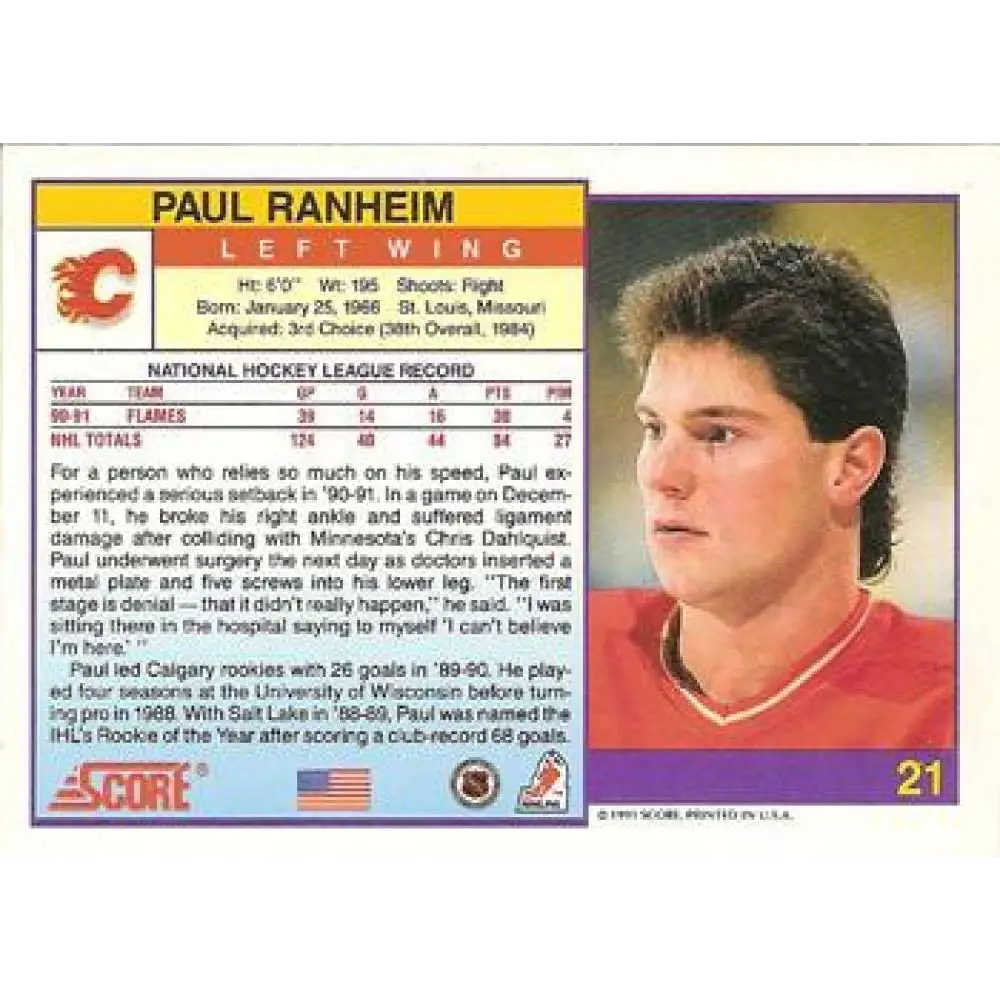1991-92 Score American #21 Paul Ranheim NM-MT Calgary Flames Hockey Card  Image 2