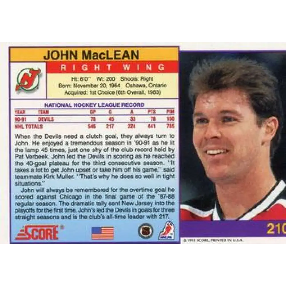 1991-92 Score American #210 John MacLean NM-MT New Jersey Devils Hockey Card  Image 2