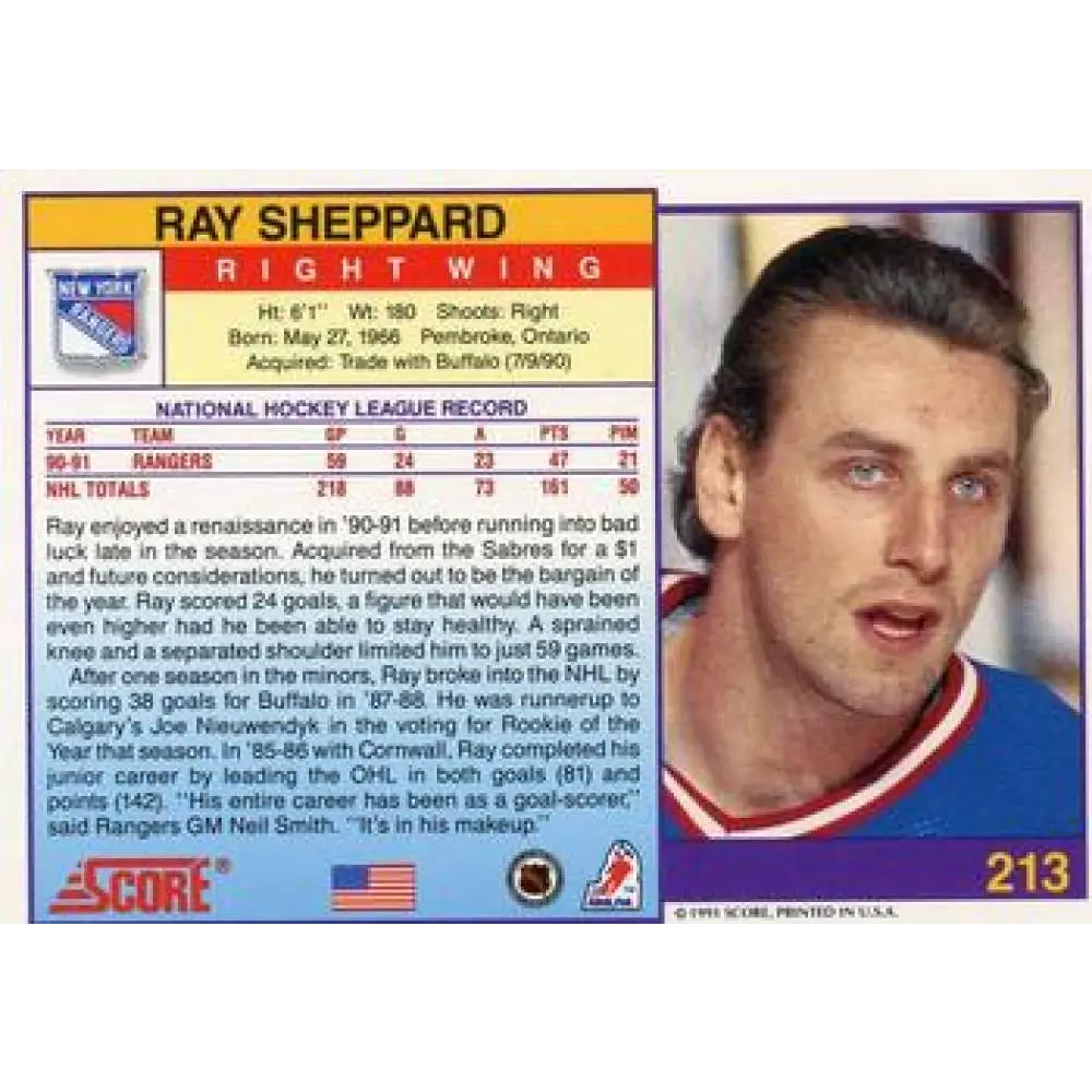 1991-92 Score American #213 Ray Sheppard NM-MT New York Rangers Hockey Card  Image 2