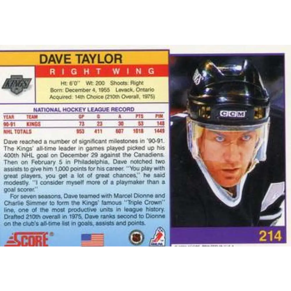 1991-92 Score American #214 Dave Taylor NM-MT Los Angeles Kings Hockey Card  Image 2