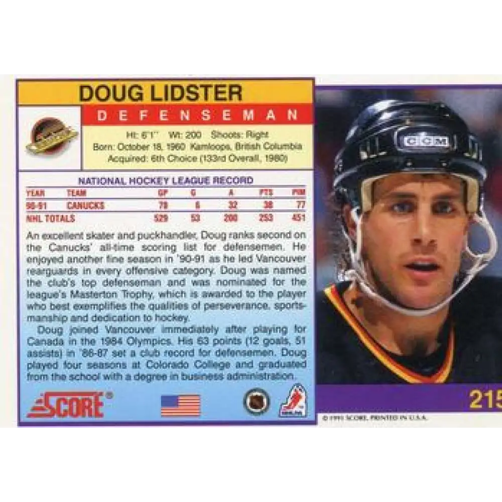 1991-92 Score American #215 Doug Lidster NM-MT Vancouver Canucks Hockey Card  Image 2