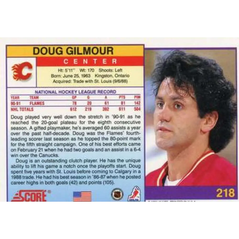 1991-92 Score American #218 Doug Gilmour NM-MT Calgary Flames Hockey Card  Image 2