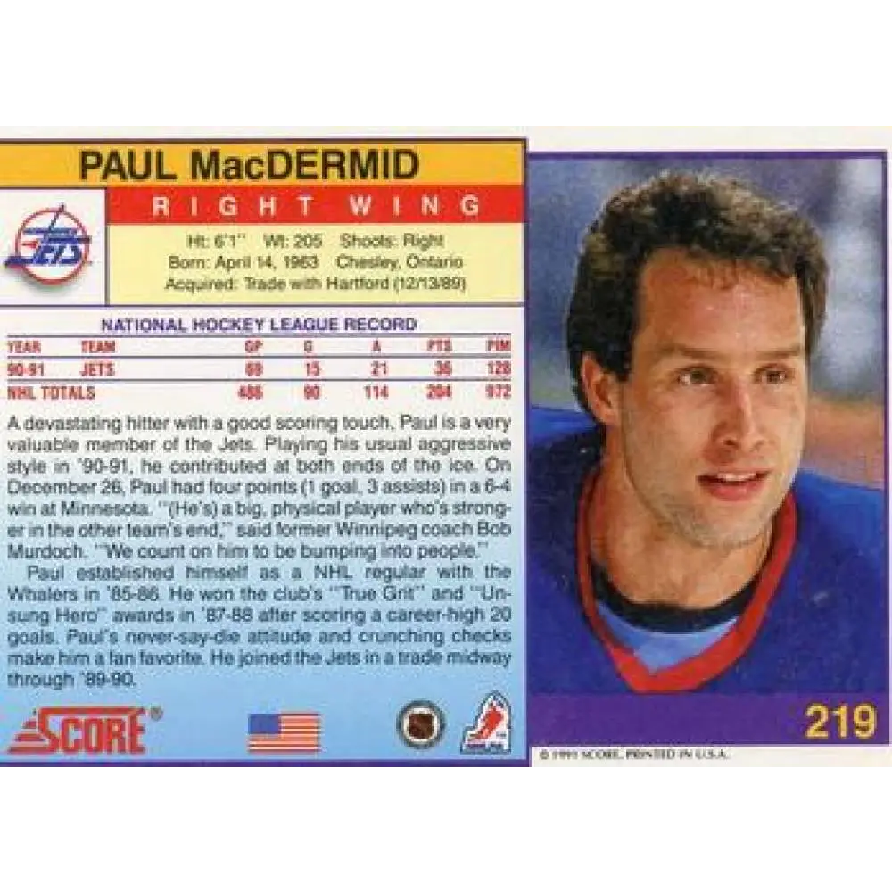 1991-92 Score American #219 Paul MacDermid NM-MT Winnipeg Jets Hockey Card  Image 2