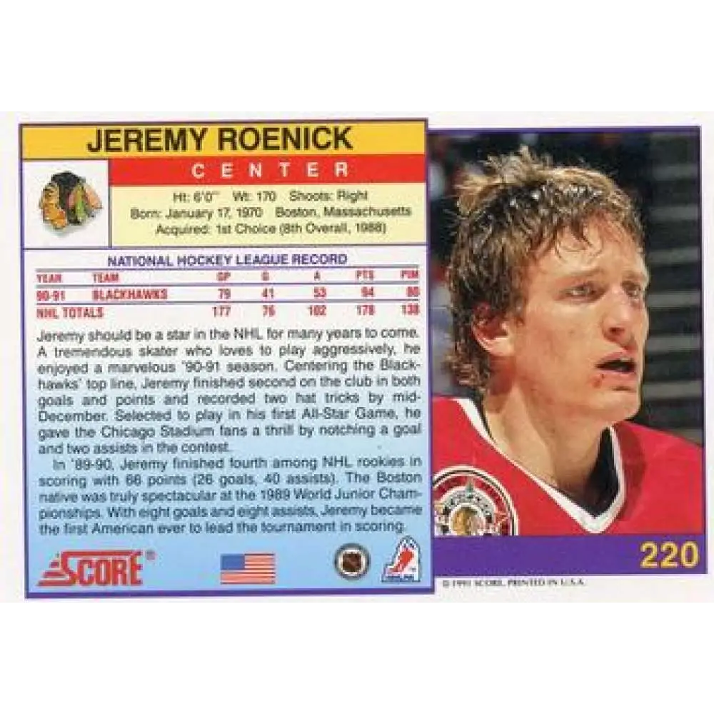 1991-92 Score American #220 Jeremy Roenick NM-MT Chicago Blackhawks Hockey Card  Image 2