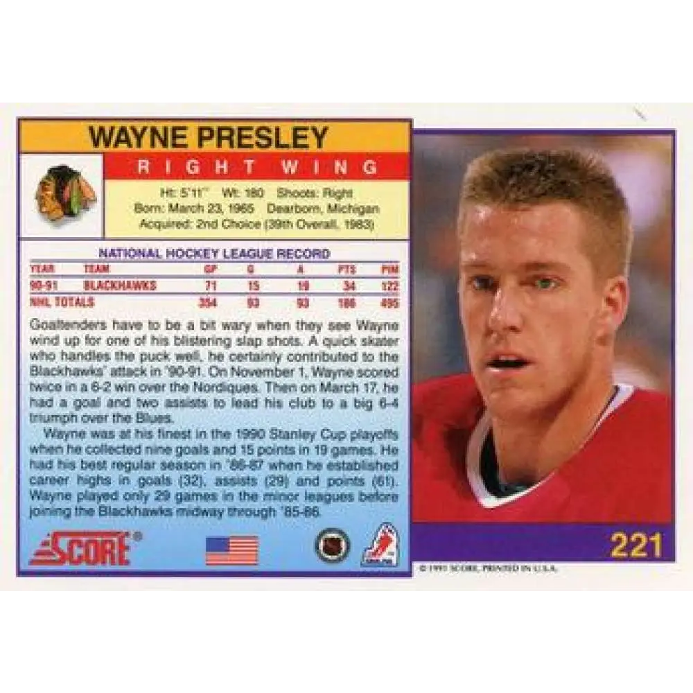 1991-92 Score American #221 Wayne Presley NM-MT Chicago Blackhawks Hockey Card  Image 2