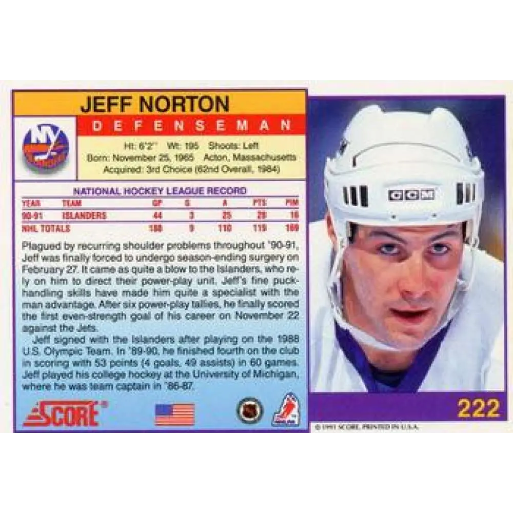 1991-92 Score American #222 Jeff Norton NM-MT New York Islanders Hockey Card  Image 2
