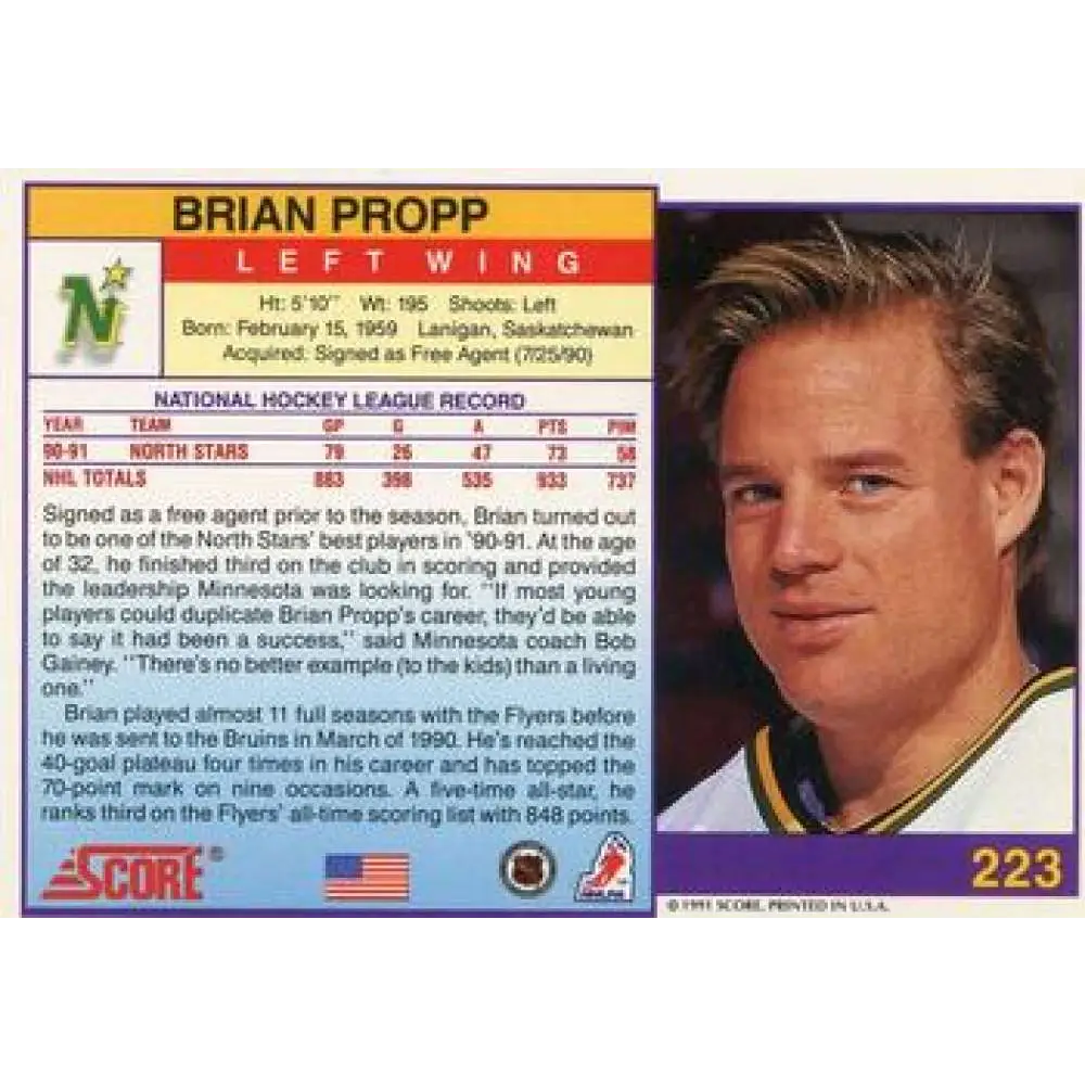 1991-92 Score American #223 Brian Propp NM-MT Minnesota North Stars Hockey Card  Image 2