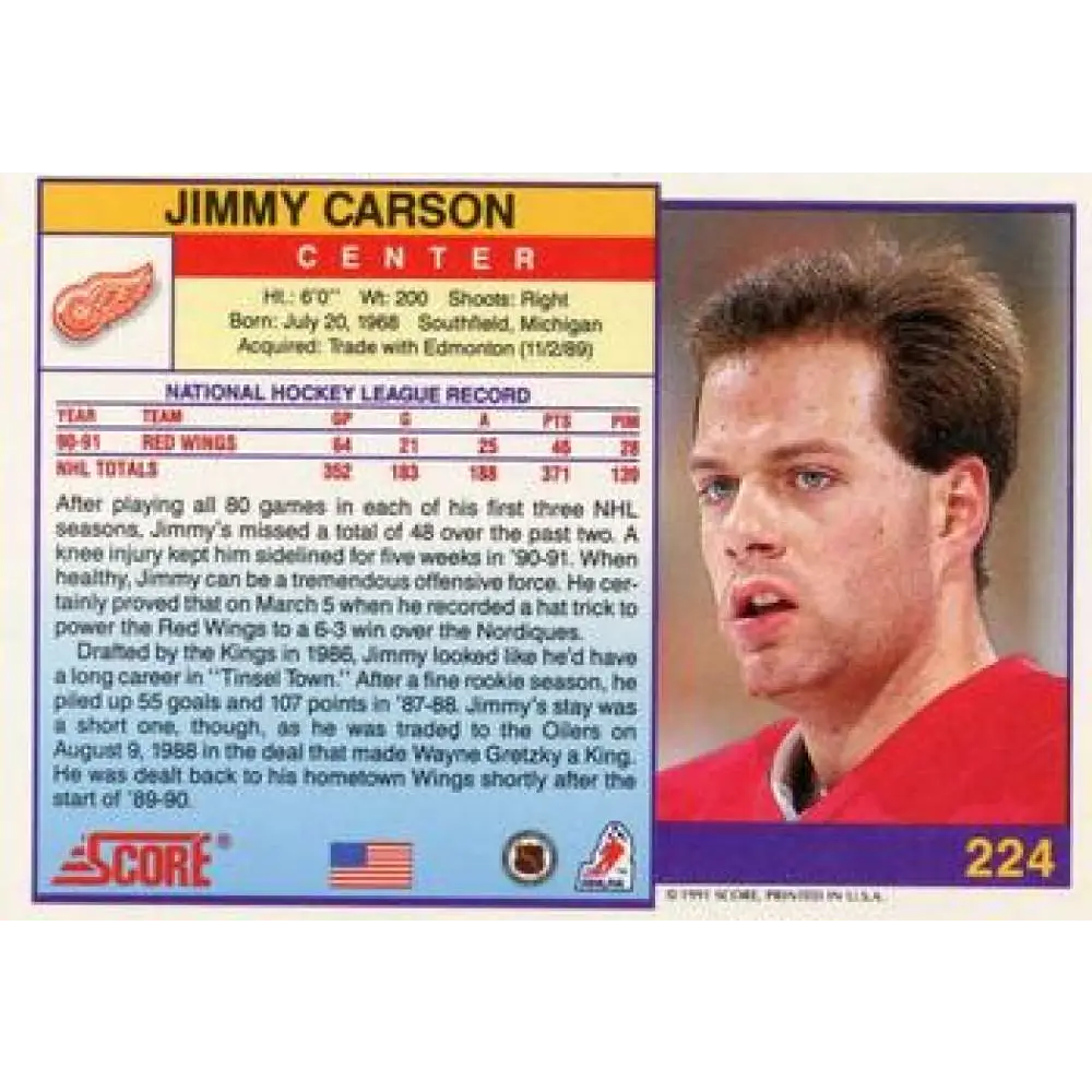 1991-92 Score American #224 Jimmy Carson NM-MT Detroit Red Wings Hockey Card  Image 2