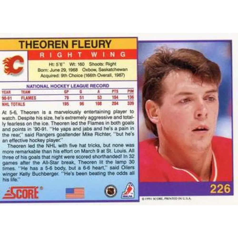 1991-92 Score American #226 Theo Fleury NM-MT Calgary Flames Hockey Card  Image 2