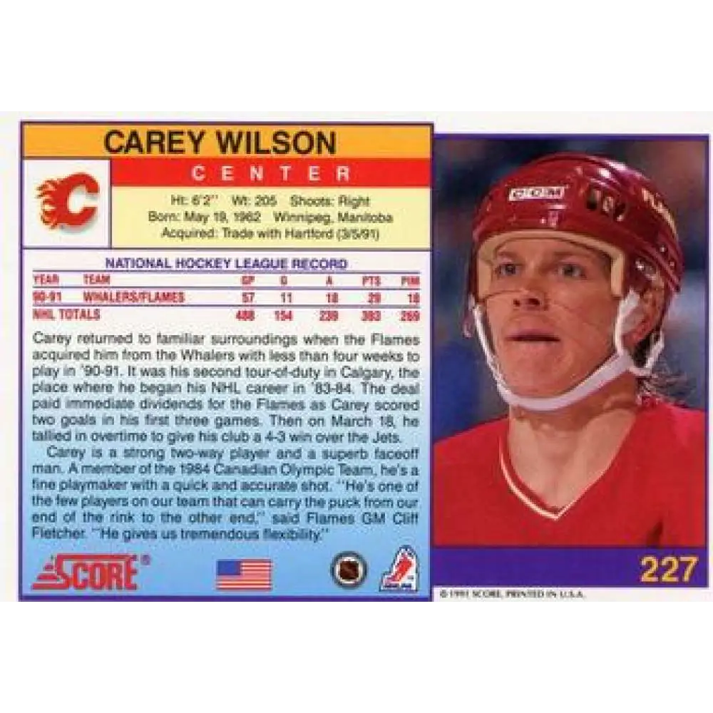 1991-92 Score American #227 Carey Wilson NM-MT Calgary Flames Hockey Card  Image 2
