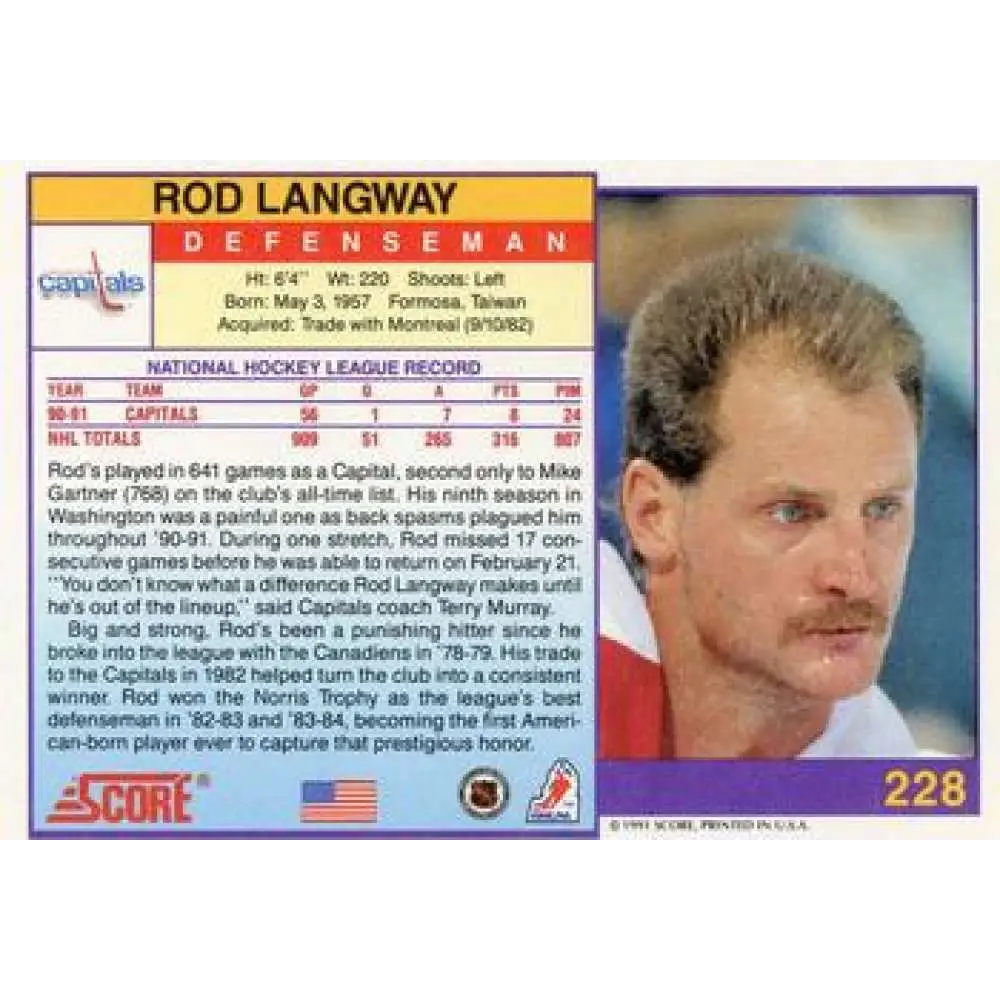 1991-92 Score American #228 Rod Langway NM-MT Washington Capitals Hockey Card  Image 2