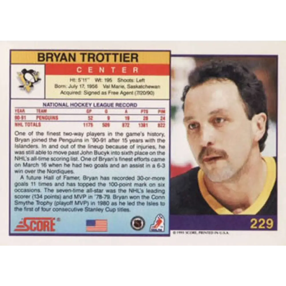1991-92 Score American #229 Bryan Trottier NM-MT Pittsburgh Penguins Hockey Card  Image 2