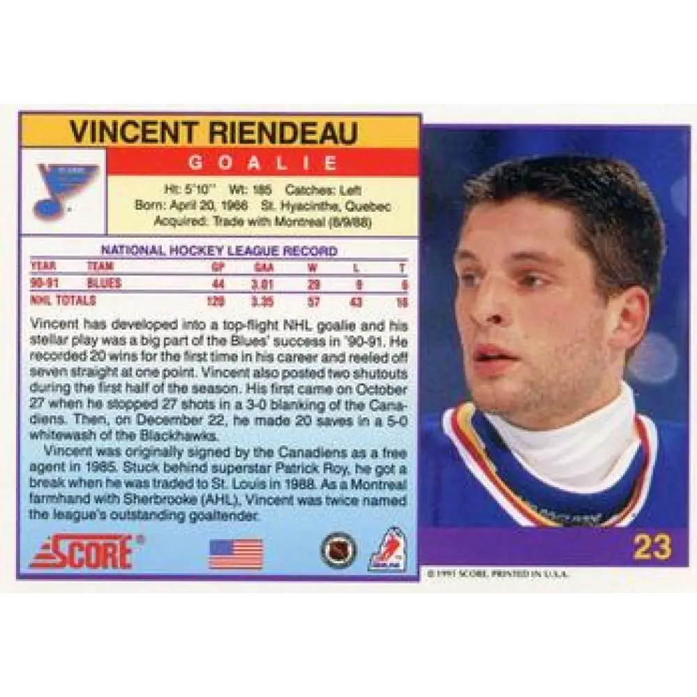 1991-92 Score American #23 Vincent Riendeau NM-MT St. Louis Blues Hockey Card  Image 2