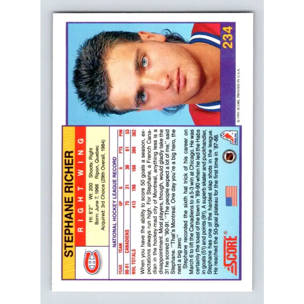 1991-92 Score American #234 Stephane Richer NM-MT Montreal Canadiens Hockey Card  Image 2