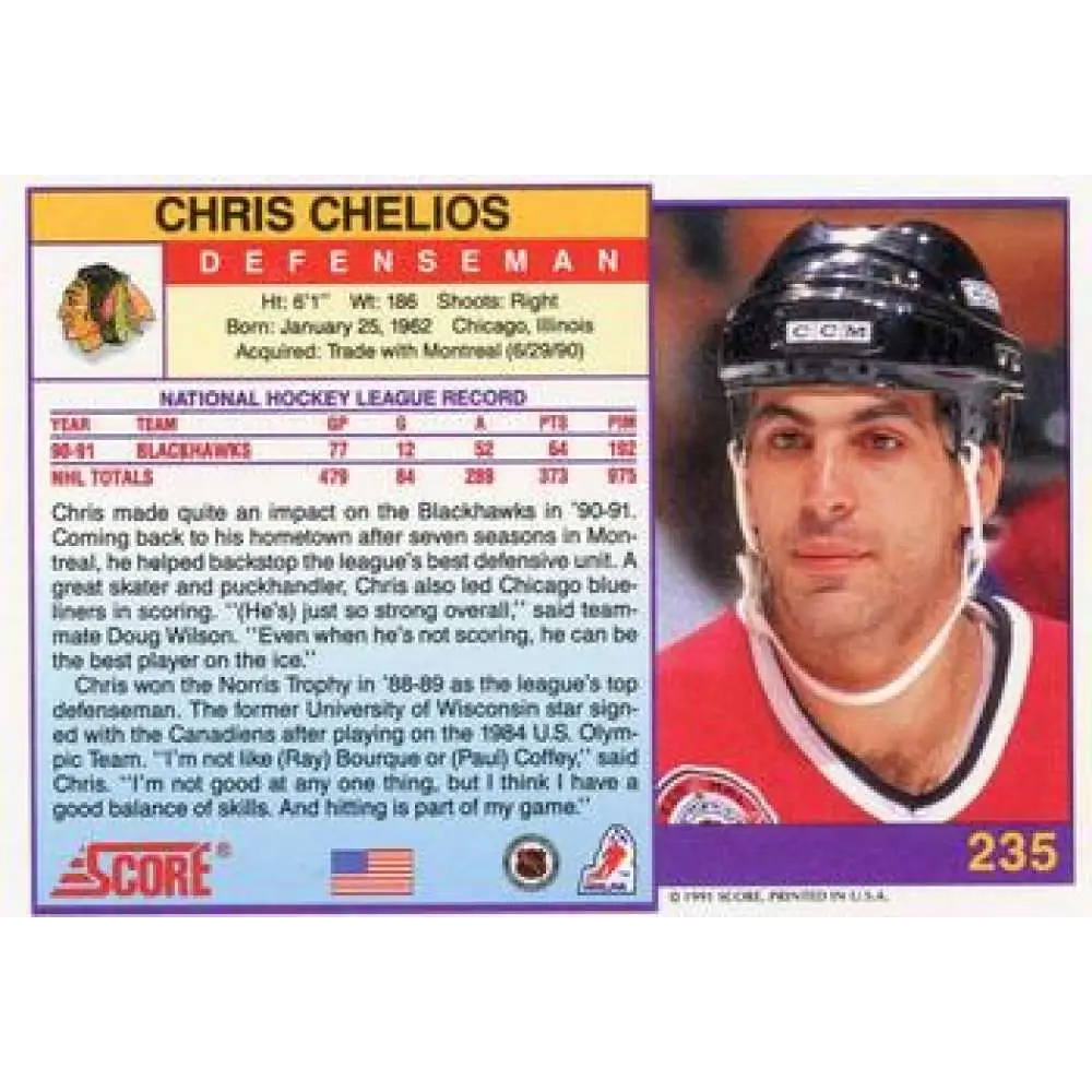 1991-92 Score American #235 Chris Chelios NM-MT Chicago Blackhawks Hockey Card  Image 2