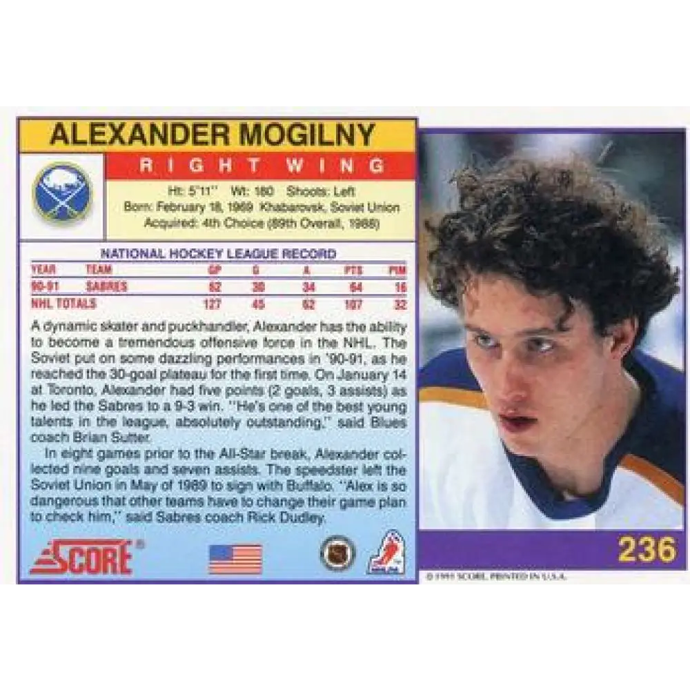 1991-92 Score American #236 Alexander Mogilny NM-MT Buffalo Sabres Hockey Card  Image 2