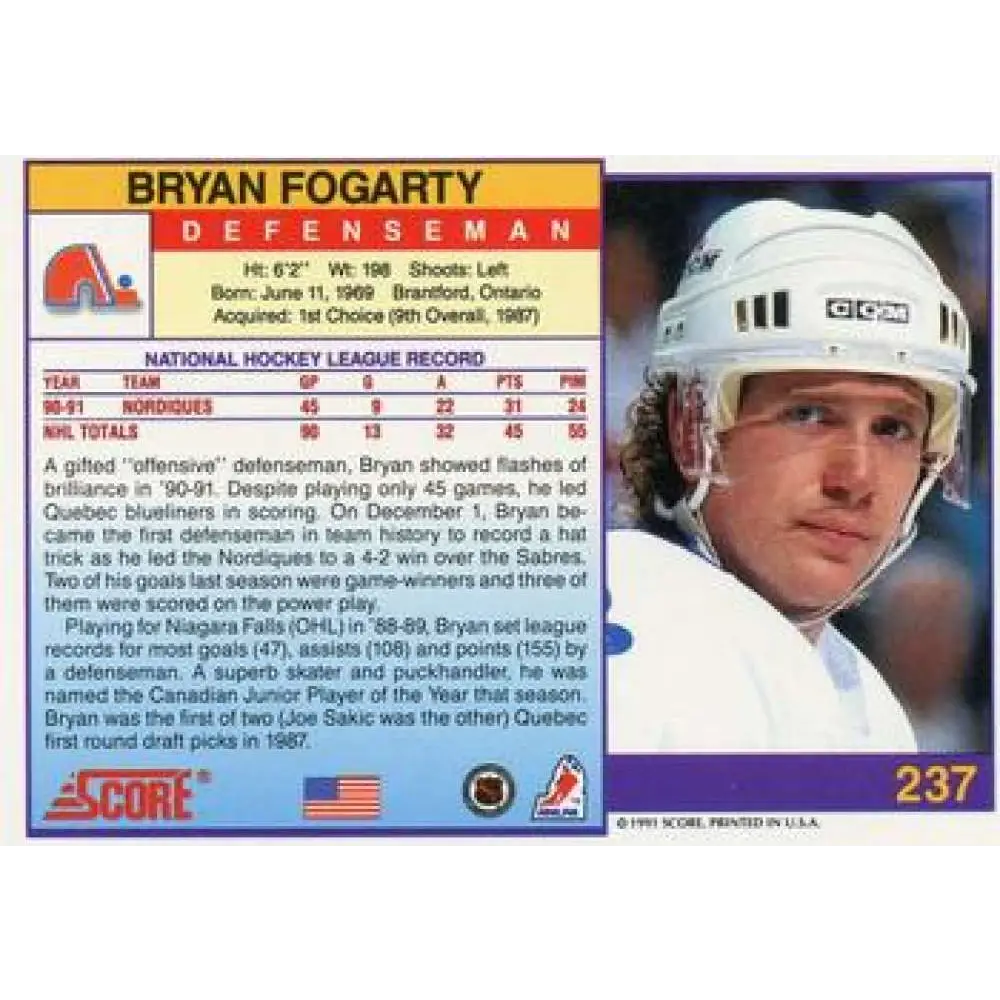 1991-92 Score American #237 Bryan Fogarty NM-MT Quebec Nordiques Hockey Card  Image 2