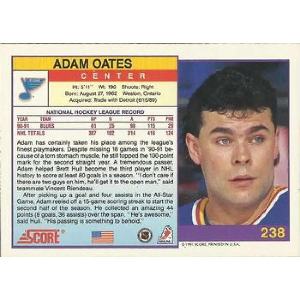 1991-92 Score American #238 Adam Oates NM-MT St. Louis Blues Hockey Card  Image 2
