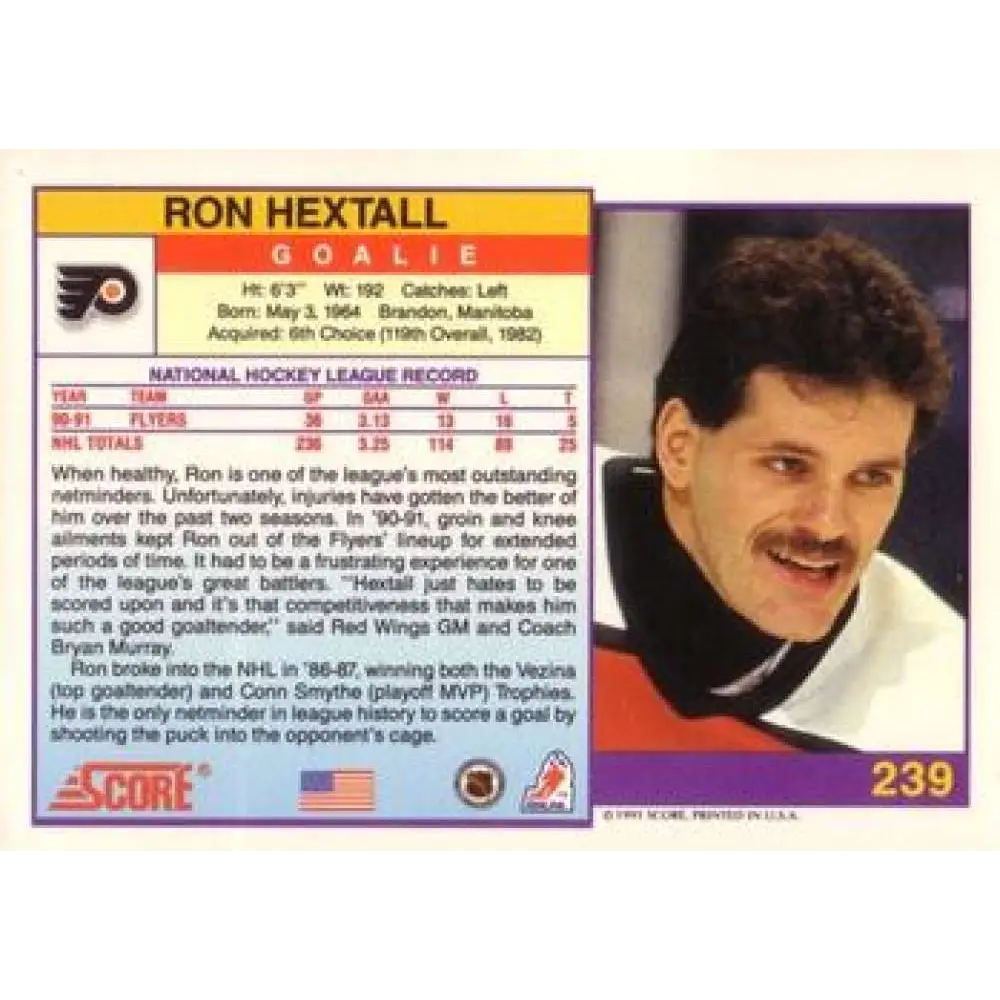 1991-92 Score American #239 Ron Hextall NM-MT Philadelphia Flyers Hockey Card  Image 2
